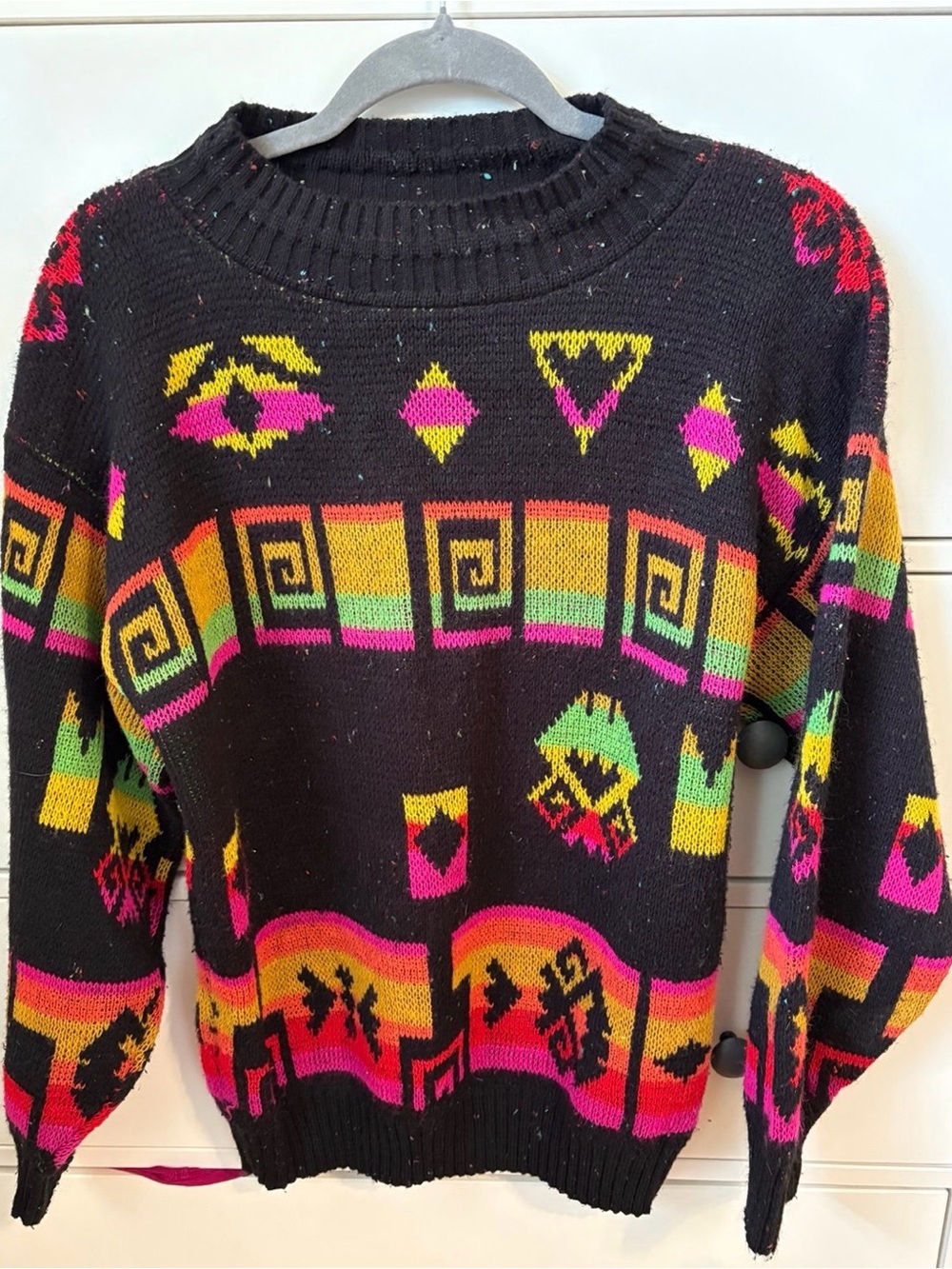 Vtg 1987 A Jane Adams Neon Aztec Geometric Sweater Black Knit 80s 90s Streetwear